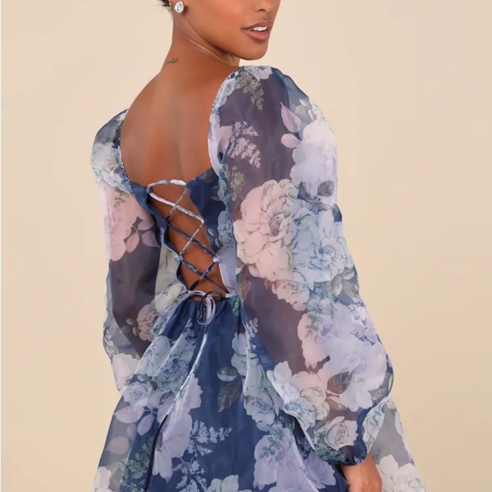 Lulu's Navy Floral Lace-Up Mini Dress